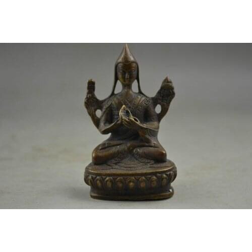 Elaborate Ancient Handmade Copper Tibet Buddha Hold Wand On Lotus Exorcism Statue