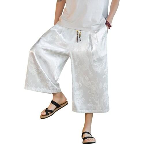 Thin Ice Silk Baggy Printed Cropped Pants 2021 Men Hip-hop Look Thin Trousers Chinese Casual Long Wide Leg Pants Beach Sweatpant