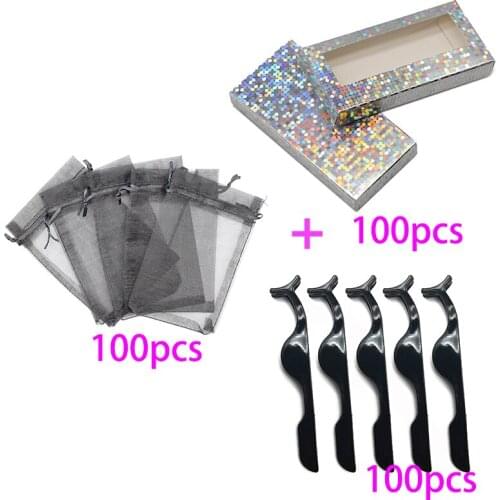 Wholesale100 Pcs Lashes Case Packaging Set with Plastic Eyelash Tweezers and Drawstring Organza Faux Lashes Bag and Lashes Case