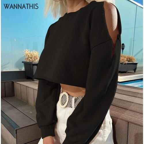 WannaThis Hollow Out Cropped Shirts Long Sleeve O-Neck Waist Sexy Fashion Autumn Elastic Slim Women Clothes Kawaii Cropped Tops