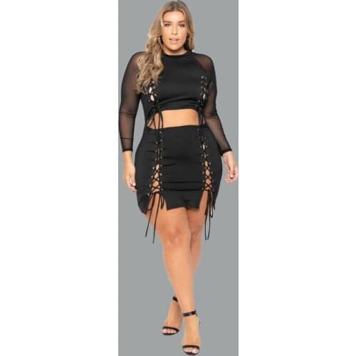 Plus Size Women Clothing Sexy Mesh See Through Two Piece Long Sleeve Crop Tops and Skirt Set Bodycon Wholesale Dropshipping