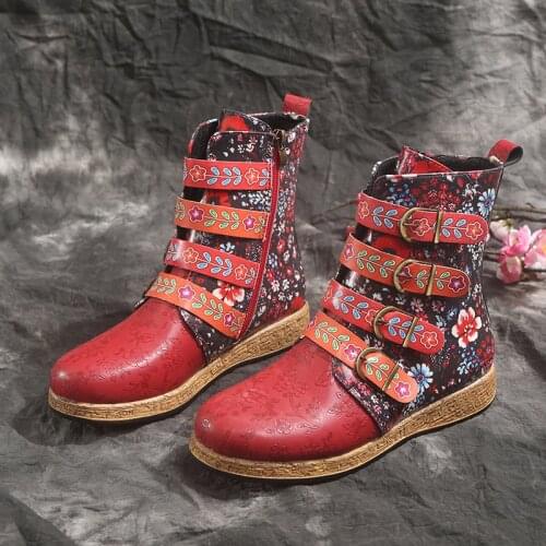 New Socofy Women Boots Retro Printed Metal Buckle Soft Leather Zipper Ankle Boots Ladies Shoes Women Botines Mujer 2020