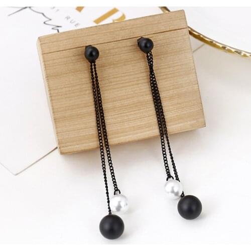 New Korean Style Long Personality Black Hollow Out Pendant Earrings Fashion Pearl Ball Ear Line Tassel Women Earrings Jewelry