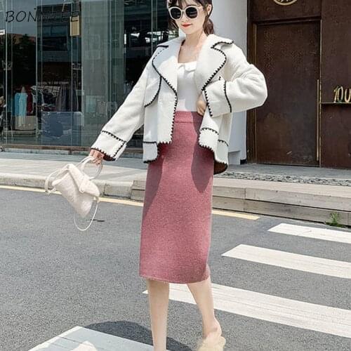 Skirts Women Straight Solid Knee-length Split Knitting Simple All-match Large Size Korean Style Soft Trendy Slim Ladies Casual
