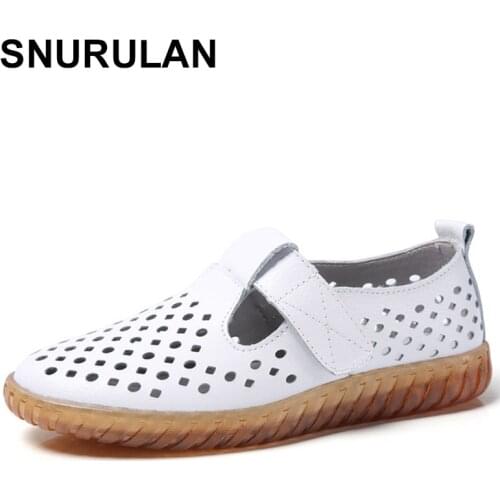 SNURULANGenuine Leather Women Flat Shoes Summer Casual Female Loafers Hook & Loop Ladies Flats Shoes Woman