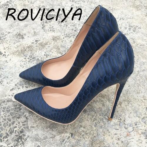 Dark blue fish scale fashion new pointed 12cm high-heeled exquisite elegant single shoes ladies party shoes YG029 ROVICIYA