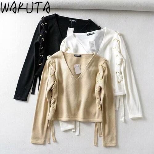 WAKUTA High Street Knitted Short Sweater Women Stylish Side Lace Up V-neck Pullovers Long Sleeve 2020 Autumn Crop Tops White