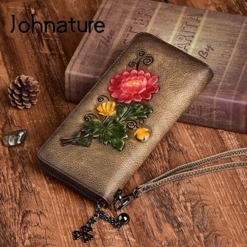 Johnature Retro Genuine Leather Hand Luxury Wallet 2020 New Handmade Embossing Phone Purse Wallet Card Holder Womens Wallets