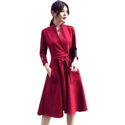 New Arrival Women Retro ladies temperament Slim butterfly Long Sleeve Dress V Neck Sheath Bodycon Party Dresses Women