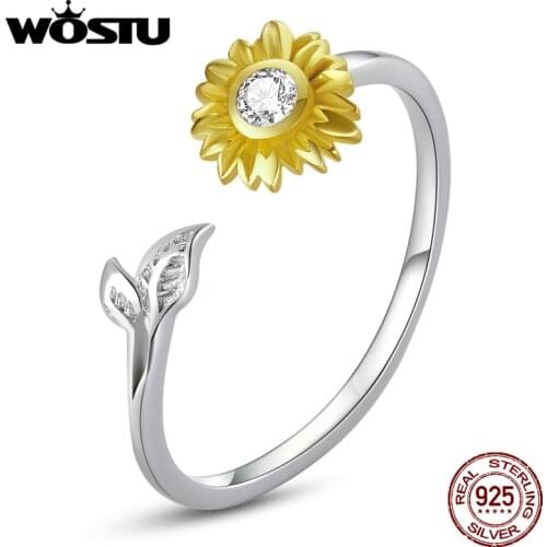 WOSTU 925 Sterling Silver Sunflower Ring Shining Zircon Open Finger Ring For Women Silver Jewelry Gift CTR213