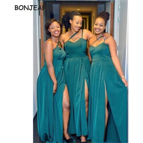 2021 One Shoulder Bridal Party Bridesmaid Dresses Long Front Slit Chiffon A-Line Wedding Party Dress for Womens Free Customized