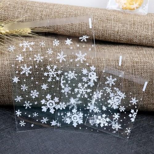 100pcs White Snow Flower Candy Cookie Dessert Bags Christmas Cellophane Bags Party Cookie Sweet Candy Biscuit X-mas Gift Bag