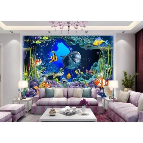 3D stereoscopic TV backdrop Underwater World Dolphin 3d room wallpaper landscape 3d stereoscopic wallpaper