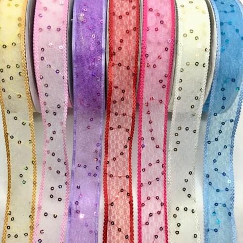 5Y 2.5cm 8 Colors Net Ribbon With Paillette For Handmade Craft Sewing Marriage Party Deco Wedding Gift Floral Packing