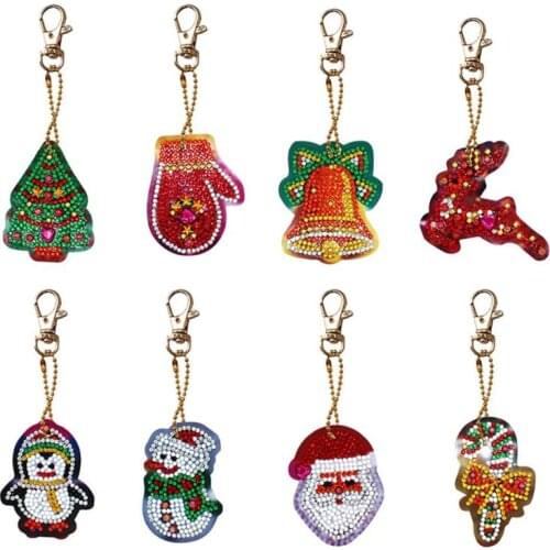 8pcs DIY Full Drill Special Shaped Diamond Painting Keychain Christmas Diamond Embroidery Keyring Cartoon Christmas Pendant