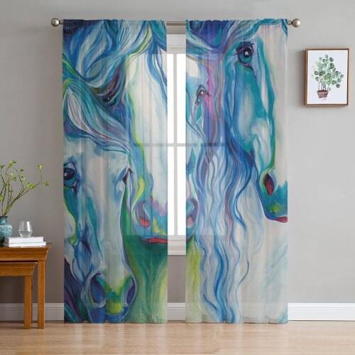 Abstract Horses Watercolor Painting Sheer Curtains for Living Room Kitchen Tulle for Windows Voile Yarn Curtains for Bedroom