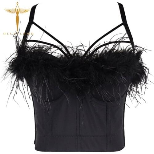 Black Sexy Strapless Stage Costume Feather Tank Top Backless Corset Camisole Female Outwear Tops Womens Clothing Slim Crop Top