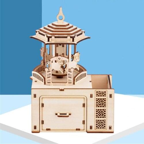 Wooden 3D Jigsaw Puzzle Carousel Clockwork Music Box Pen Holder DIY Handmade Toys for Children Educational Model Building Kits