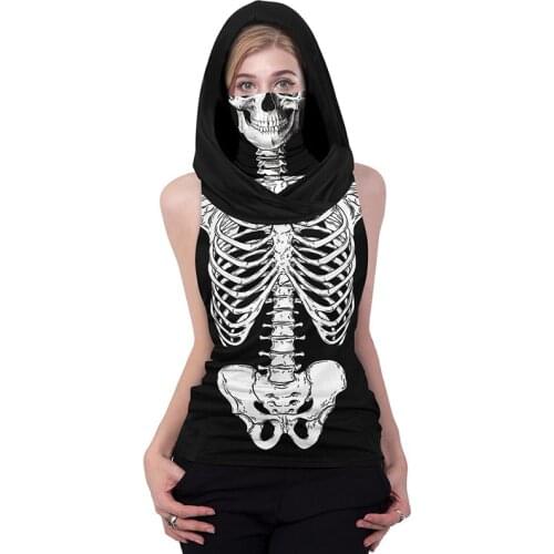 Goth Punk Sleeveless Hooded Tshirts Women Summer Winter Plus Size Skeleton Graphic Tee Y2k Top Harajuku Grunge Oversized T Shirt