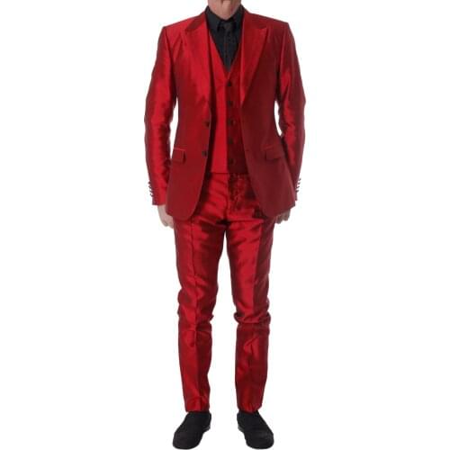 Latest Coat Pant Designs Red Satin Men Suit Prom Tuxedo Slim Fit 3 Piece Groom Suits Custom Party Fashion Blazer Terno Masculino