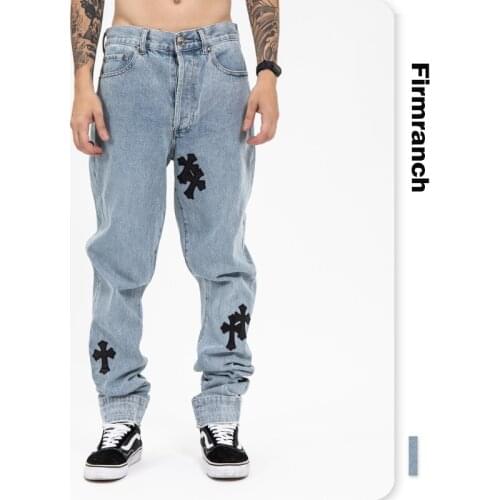 MCLAOSI New Genuine Leather Cross Hip Hop Jeans For Men 2021 High Street Blue Jeans Homme Loose Straight Heart Pants Moto Trouse