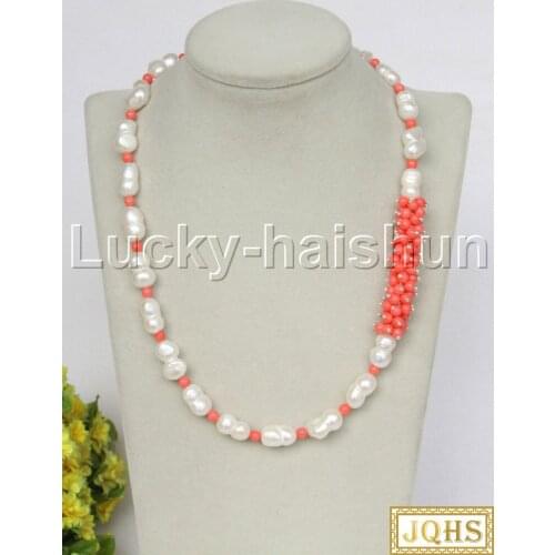 Natural 18" baroque twin white freshwater pearls pink coral Beaded Strand necklace 18KGP clasp j11708