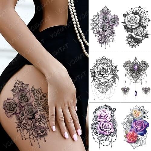 Purple Rose Jewelry Water Transfer Tattoo Stickers Women Body Chest Art Temporary Tattoo Girl Waist Bracelet Flash Tatoos Flower
