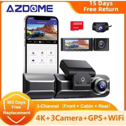 AZDOME Car DVR Dash Cam Front Inside Rear Three Cameras Lens Video 4K+1080P Dual Channel Camera GPS WiFi 24H Parking Monitor