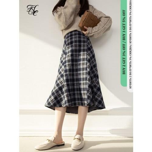 FANSILANEN Elegant Wool Blend Long Plaid Trumpet Skirt Women Autumn Winter High Waist Skirt Vintage Office Lady Sexy Skirt 2020