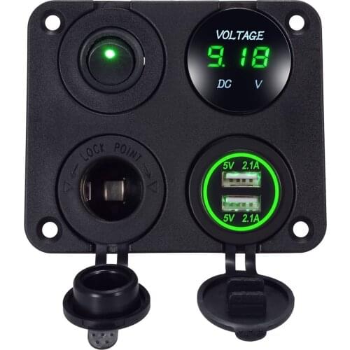 USB Charger 2.1A & 2.1A Green Voltmeter Power Outlet ON-OFF Switch Four Functions Panel for Car Boat Marine RV Truck Vehicles