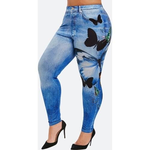 Butterfly Printed Fake Jeans Women 5XL Plus Size Elasticity Slim Pants Denim Trousers Large Size Imitation Cowboy Leggings A50