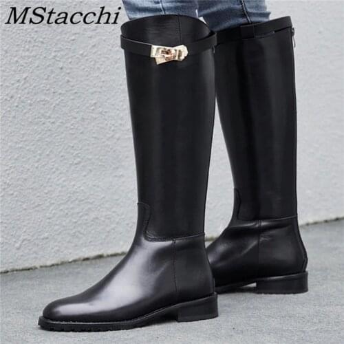 MStacchi Women Motorcycle Shoes Woman Shark Buckle Long Boots Sexy Mujer Zipper Casual Flat Shoes Round Toe Real Genuine Leather