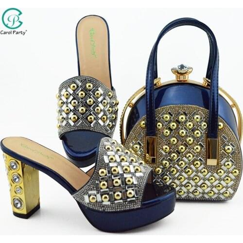 Latest African Italian design Ladies Shoes with Matching Bags for Wedding in Dark blue Women Shoe and Bag Set for Party
