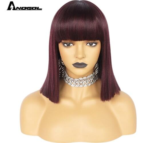 Anogol High Temperature Fiber Blonde Black Brown Short Straight Bob Synthetic Futura Wigs with Bangs for Women