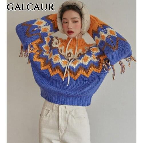 GALCAUR Loose Print Colorblock Patchwork Tassel Sweater For Women Round Collar Long Sleeve Loose Pullover Female Clothing 2021