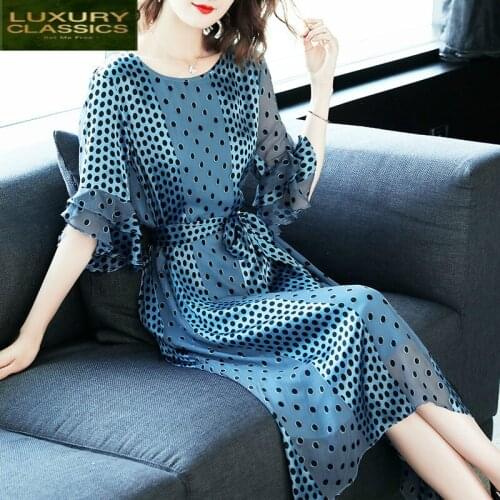 Women Dress Silk Long Polka Dot Dress Blue Slim Party Dresses Elegant Summer Dresses Spring Vestidos Verano 2021 LWL1519