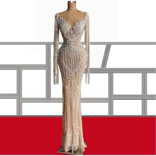 High End Champagne robe soiree femme longue 2021 Dubai Evening Dresses Long Sleeves Tight caftan marocain de mariage