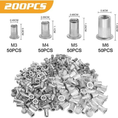 200pcs M3 M4 M5 M6 Zinc Plated Rivetnuts Blind Set Nutserts Threaded Insert Nutsert Cap Flat Head Rivet Nuts Carbon Steel