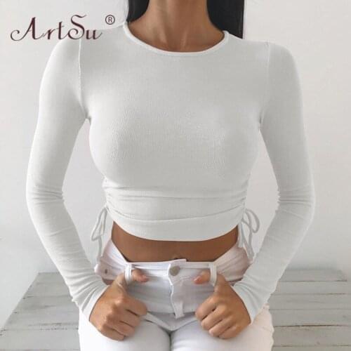 ArtSu Casual Basic Ruched Drawstring T-Shirt Women Black White Blue Long Sleeve Crop Top Tshirt Ladies Autumn Fashion Tee Shirt
