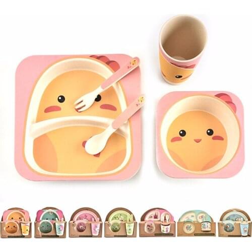 Free Delivery Bamboo Fiber Childrens Tableware 5 Piece Set Childrens Grid Plate Fork Cup 5 Piece Set Cute Animal Pattern