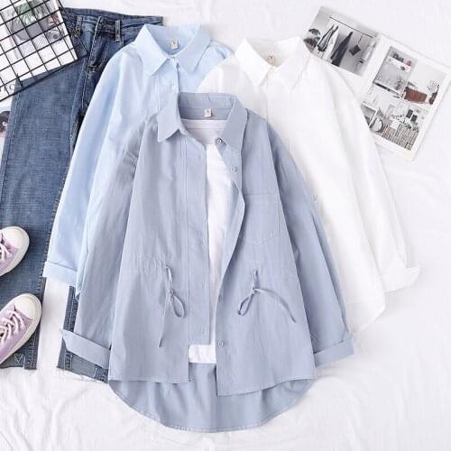 Women Shirts Back To The Basic Cotton Tops Female Spring Long Sleeve Ajustable Waist Blue Blouse With Pockets Button Up Shirts