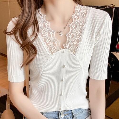Blouses Femme Short Sleeve White Knit Blouse Women Blusas Mujer De Moda 2021 Hollow Lace V-Neck Knitted Blouse Shirt Tops E930