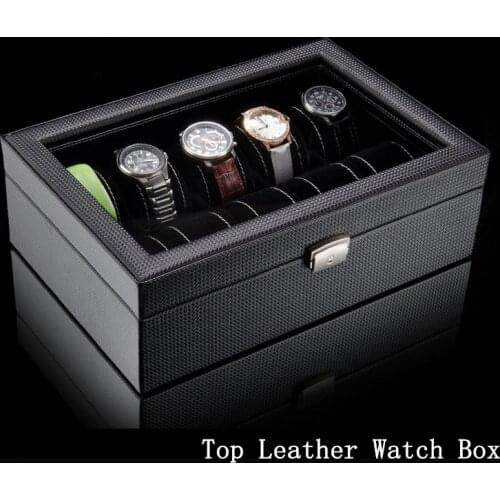 Top PU Leather Watch Case With Window Black 10 Grids Watch Storage Boxes Brand Watch Display Box Watch Gift Box B038