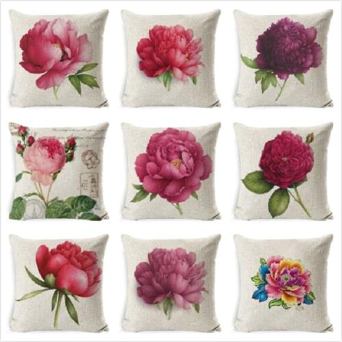 Rose Printed Cushion Cover Linen Cushion Case Throw Pillow Case For Living Room Bed Room Flower Peony Small Fresh Pillowcase