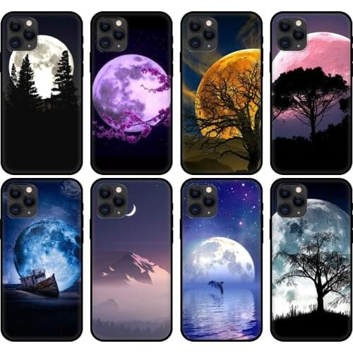 Black tpu case for iphone 5 5s se 2020 6 6s 7 8 plus x 10 XR XS 11 12 mini pro MAX back Moon Night Nature Mountain Landscape