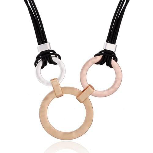 Gold Silvery Circles Pendant Necklaces for Women Geometric Statement Necklace 4 Layered Leather Chain Fashion Jewelry Gift