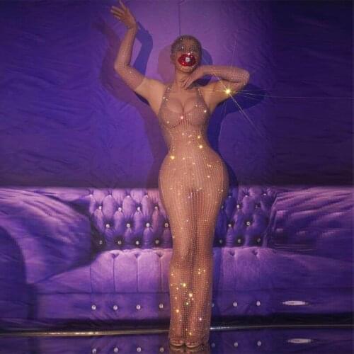 Long Dress Nude Mesh Silver rhinestone Sexy Trasparent Dress Women Evening Birthday Celebrate Costume Singer See Through Dance