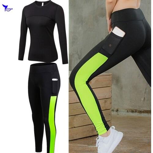 T-shirt Leggings Women Patchwork Yoga Set Running Fitness Jogging Sports Suit Gym Sportswear Workout Pocket Tracksuit Clothing