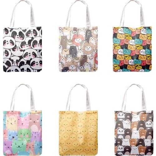 Fashion Cartoon Animal Printed Tote Bag Canvas Febric Casual Tote Foldable Shoulder Shopping Bag Reusable Women Beach Bag