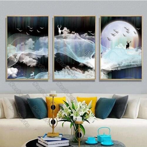 Modern Style Canvas Painting Poster Print Abstract Deer Bird Full Moon Net Yarn Ribbon for Living Rooms Bedroom Wall Decoration